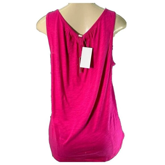 Cupio Blush L Pink Zinnia L Shirred Scoop Neck Curved Hem Cotton Blend Tank Top - Picture 4 of 6